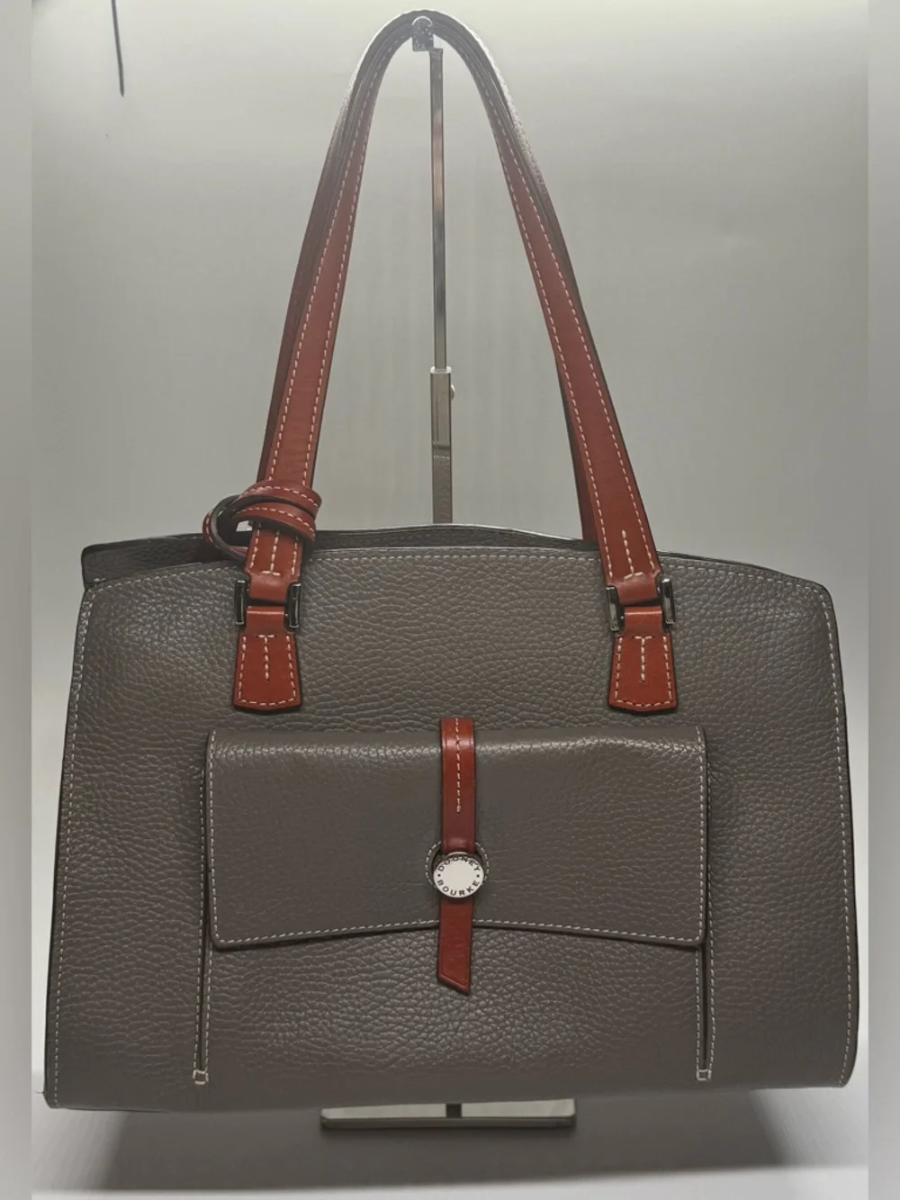 Dooney & Bourke Pebbled Leather Tote Gray Brown Tassel Shoulder Bag Large - Picture 2 of 13